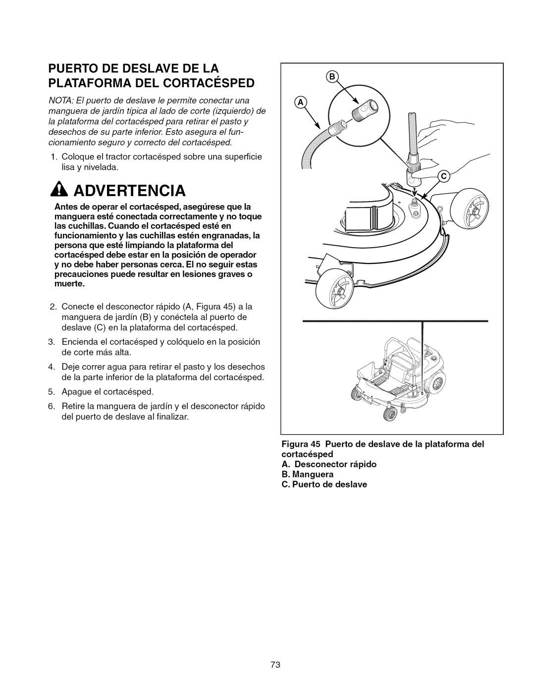 Craftsman 107.289920 manual Puerto DE Deslave DE LA Plataforma DEL Cortaci Sped 