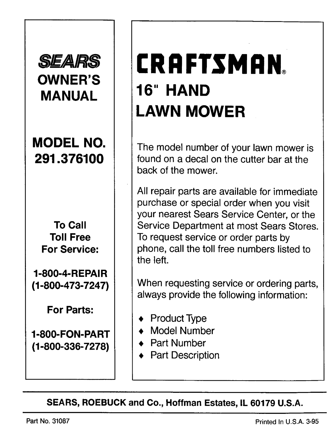 Craftsman 291.376100 CRAFTSMRN,o, Repair, Fon-Part, Ajrs, Hand Lawn Mower, To Call Toll Free For Service, For Parts 