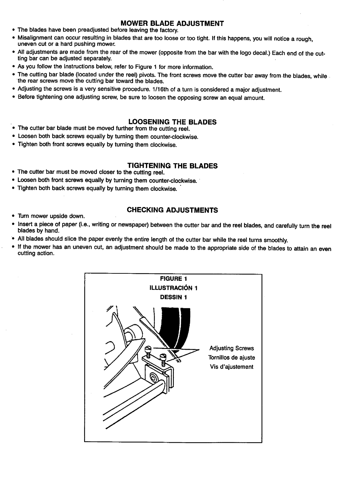 Craftsman 291.376101 owner manual Loosening the Blades, Mower Blade Adjustment, Tightening the Blades, Checking Adjustments 