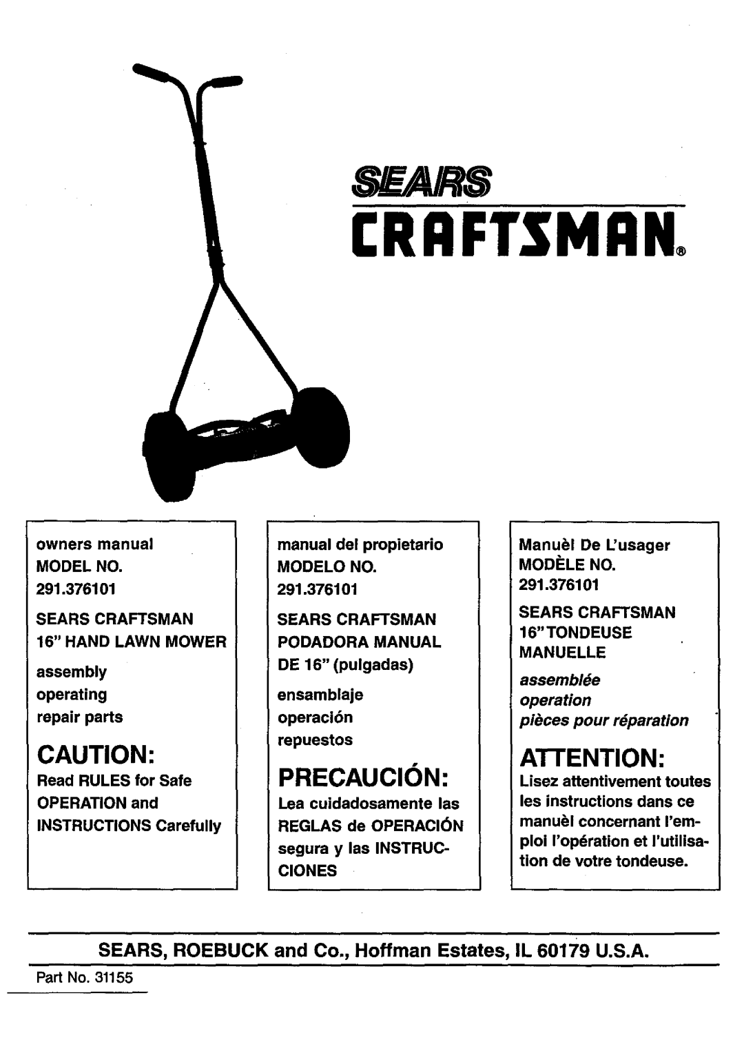 Craftsman 291.376101 owner manual AI-rENTION, Precaucion, Manu l De Lusager, MODi LE NO, Crrftsmrn, 8 A/R8, assemblde 