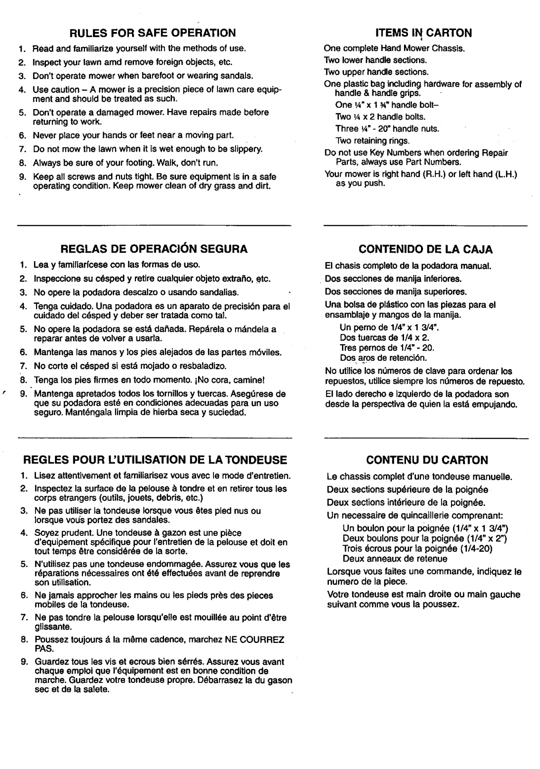 Craftsman 291.376101 owner manual Items Ii Carton, Reglas De Operaci N Segura, Contenido De La Caja, Contenu Du Carton 