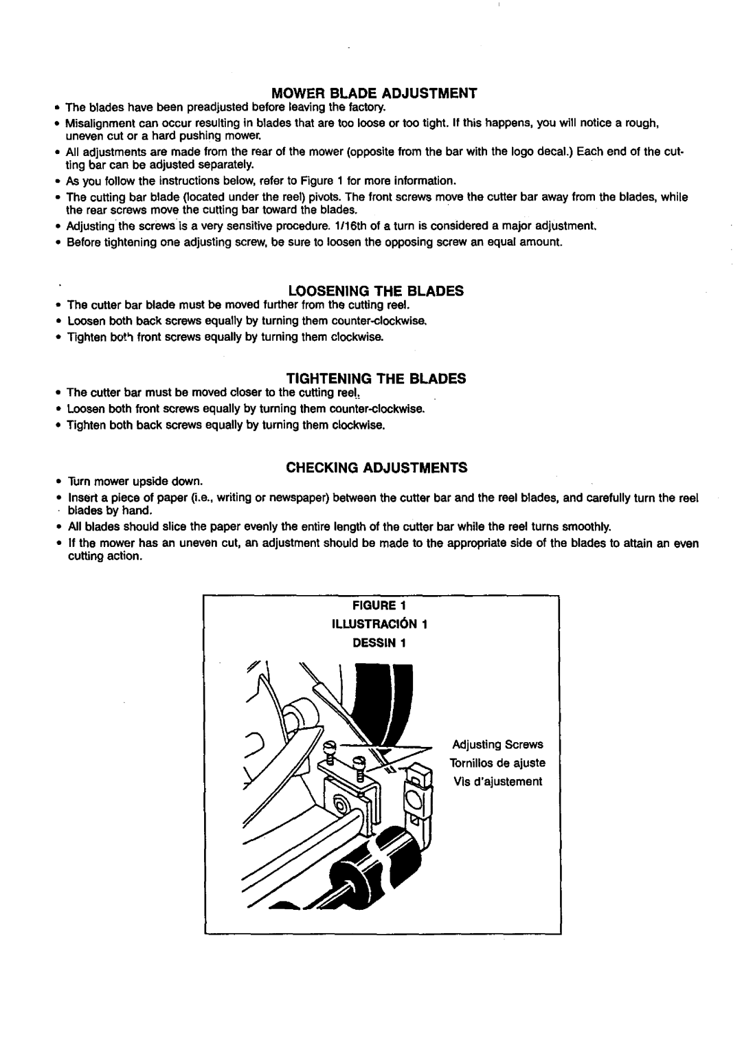 Craftsman 291.37614 owner manual Mower Blade Adjustment, Loosening the Blades, Tightening the Blades, Checking Adjustments 