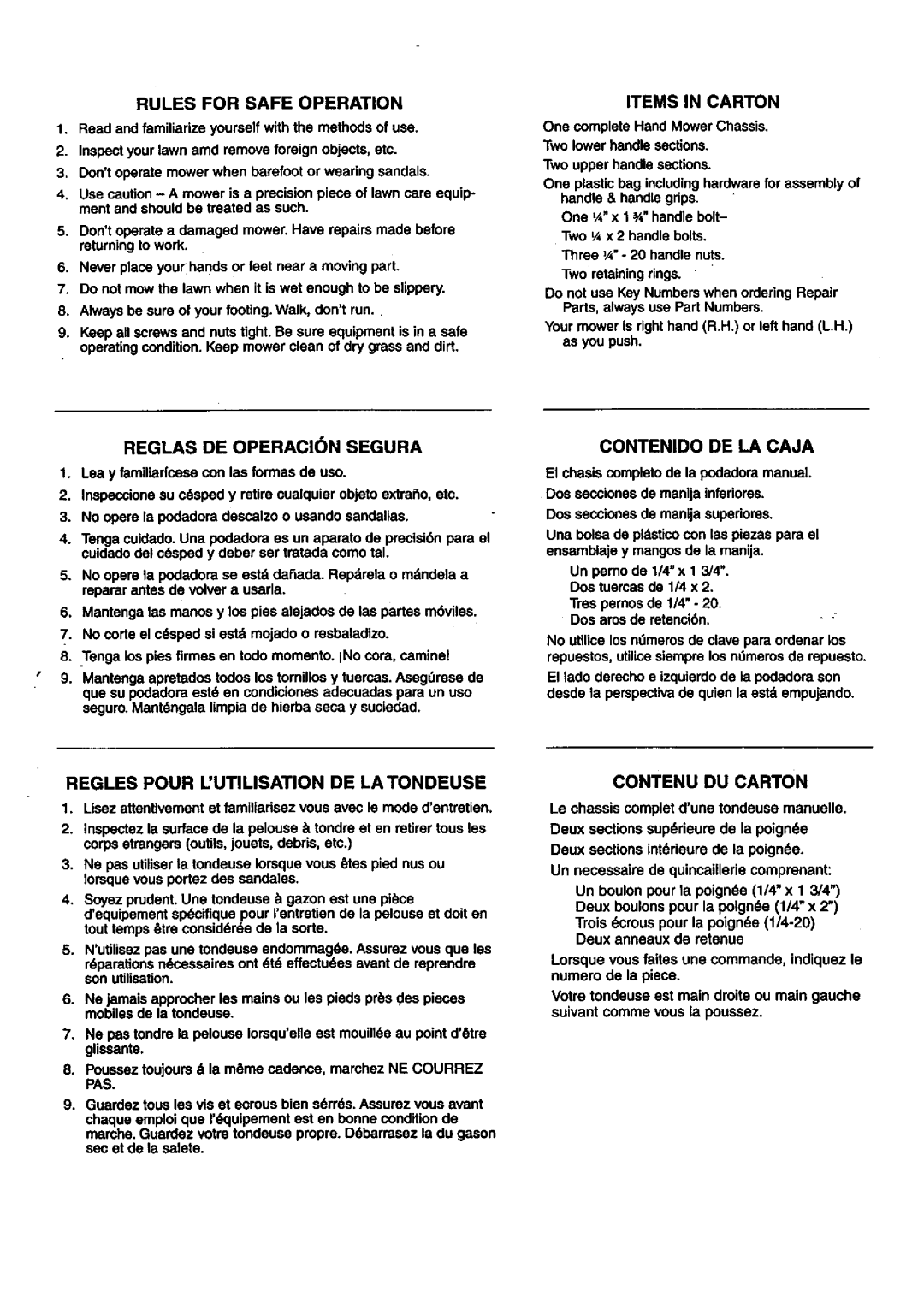 Craftsman 291.37614 owner manual Items in Carton, Reglas DE OPERACI6N Segura, Contenido DE LA Caja, Contenu DU Carton 