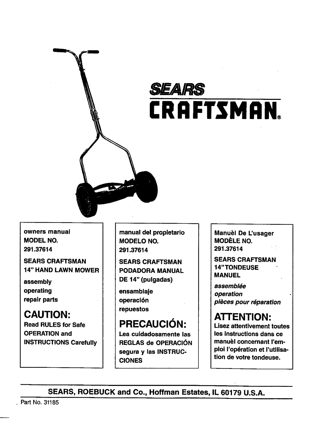 Craftsman 291.37614 owner manual Craftsman, Sears, Precaucion, assemblde, operation, pi&ces pour rdparation 