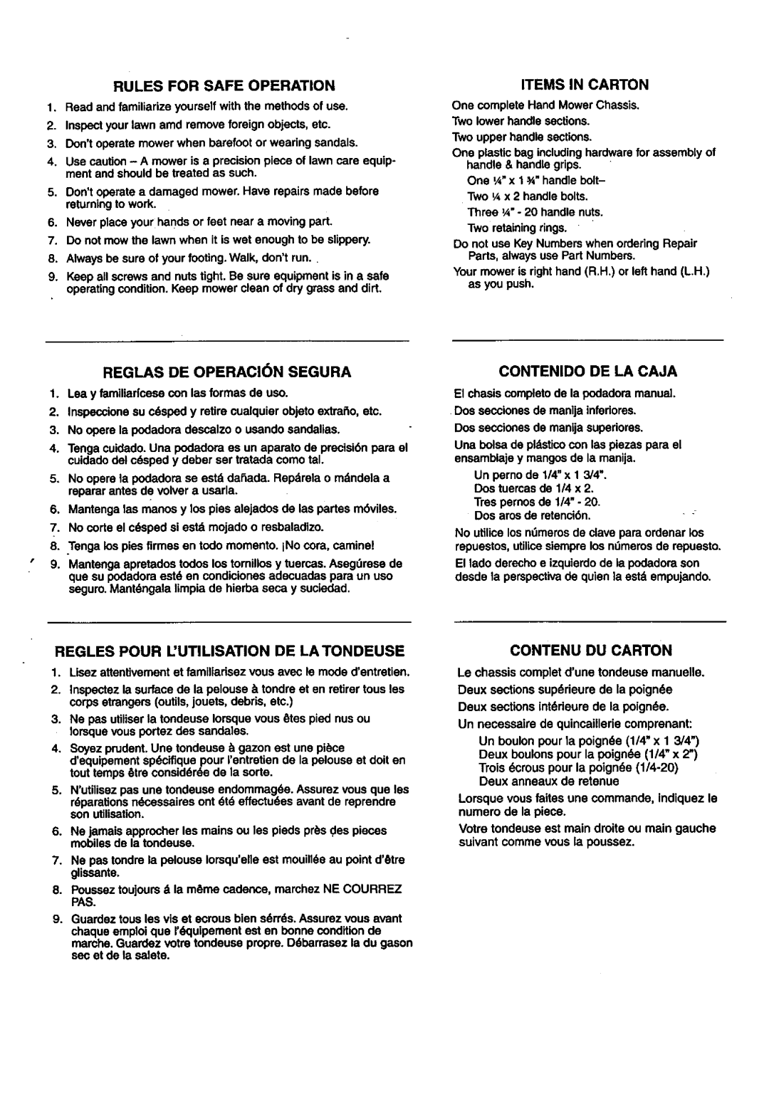 Craftsman 291.37614 owner manual Items In Carton, REGLAS DE OPERACI6N SEGURA, Contenido De La Caja, Contenu Du Carton 