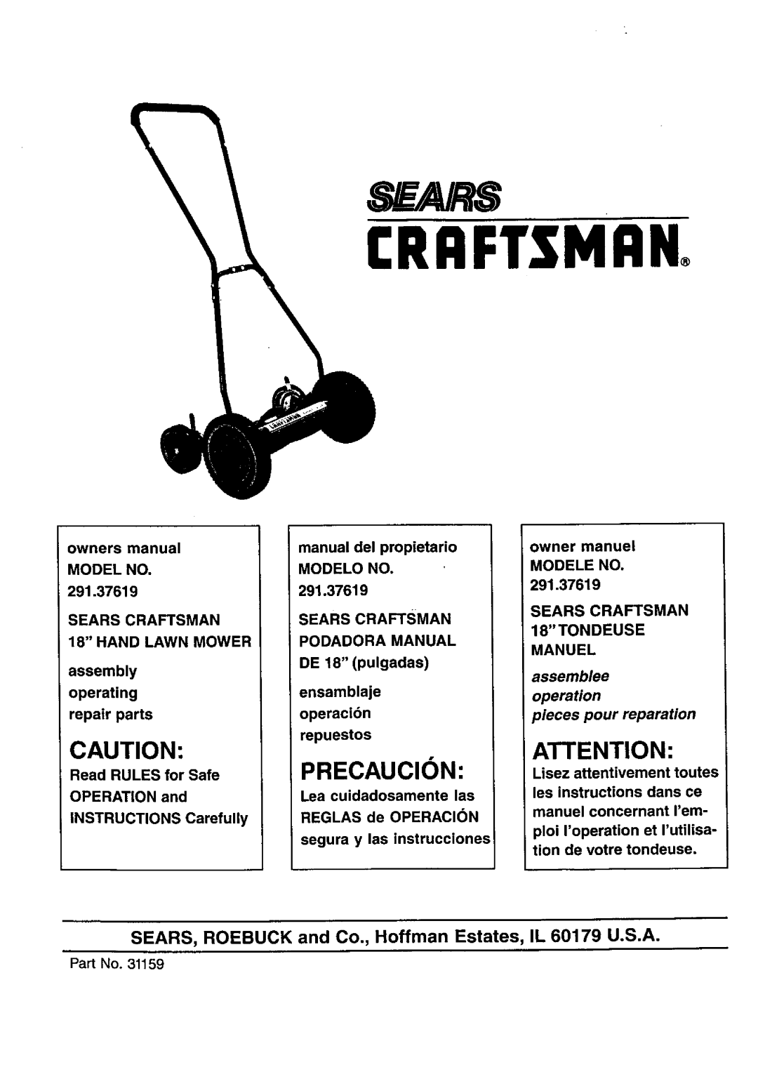 Craftsman 291.37619 owner manual Model Modelo no Modele no, Sears Craftsman, Hand Lawn Mower Podadora Manual Manuel 