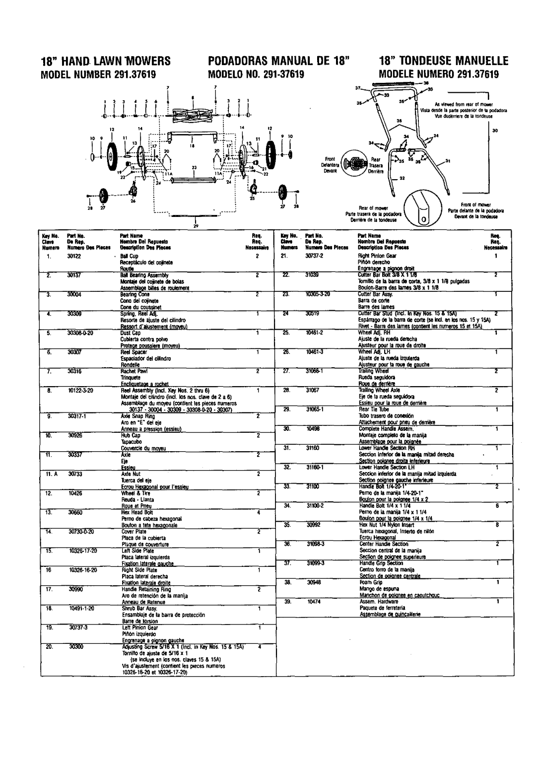 Craftsman owner manual MODELONO.291-37619, MODELENUMERO291.37619 