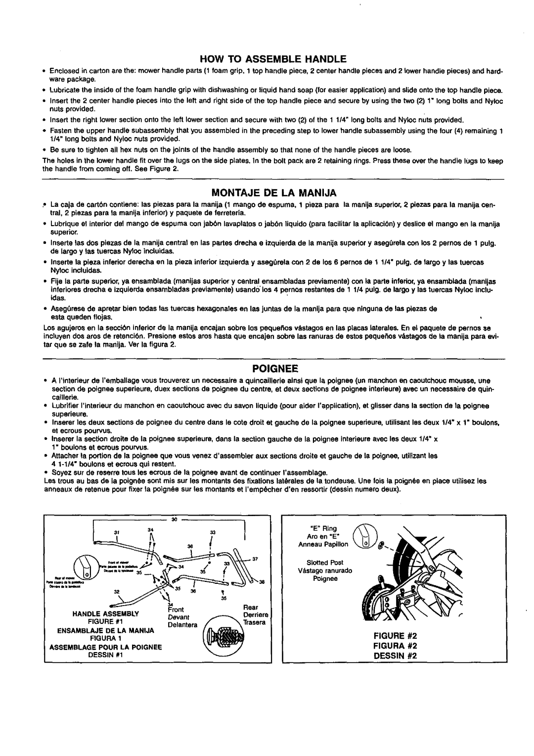 Craftsman 291.37619 owner manual Poignee, HOW to Assemble Handle, Montaje DE LA Manija 