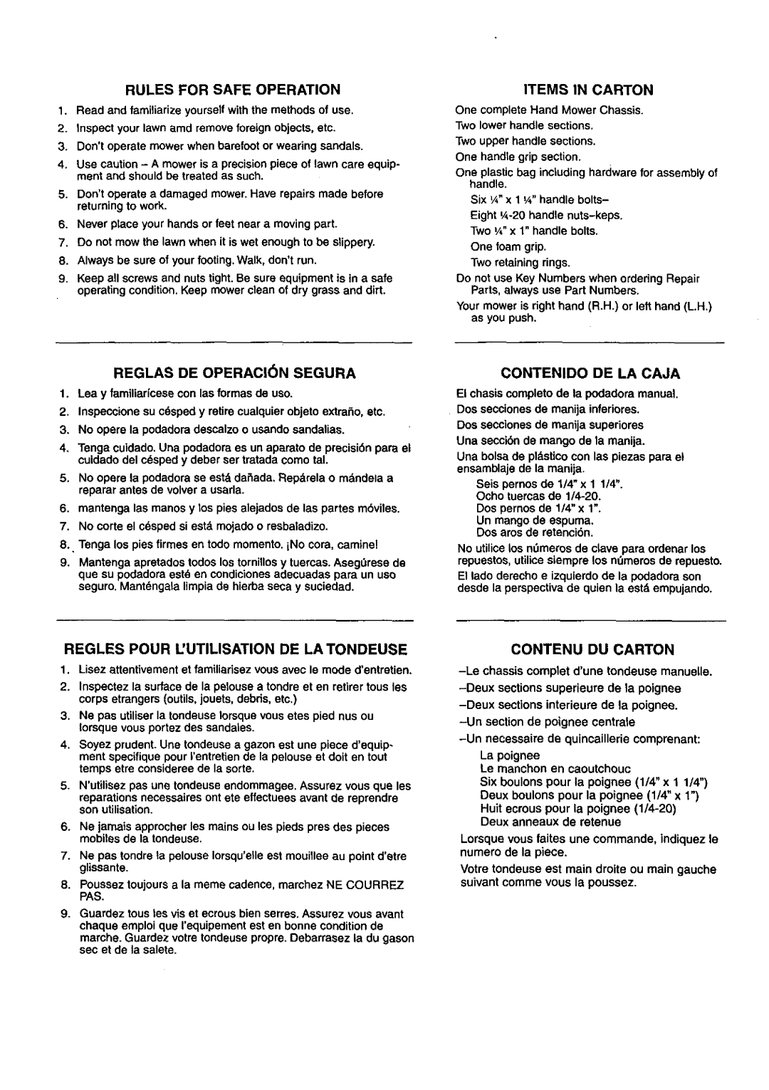 Craftsman 291.37619 owner manual Regles Pour Lutilisation DE LA Tondeuse, Rules for Safe Operation, Contenu DU Carton 