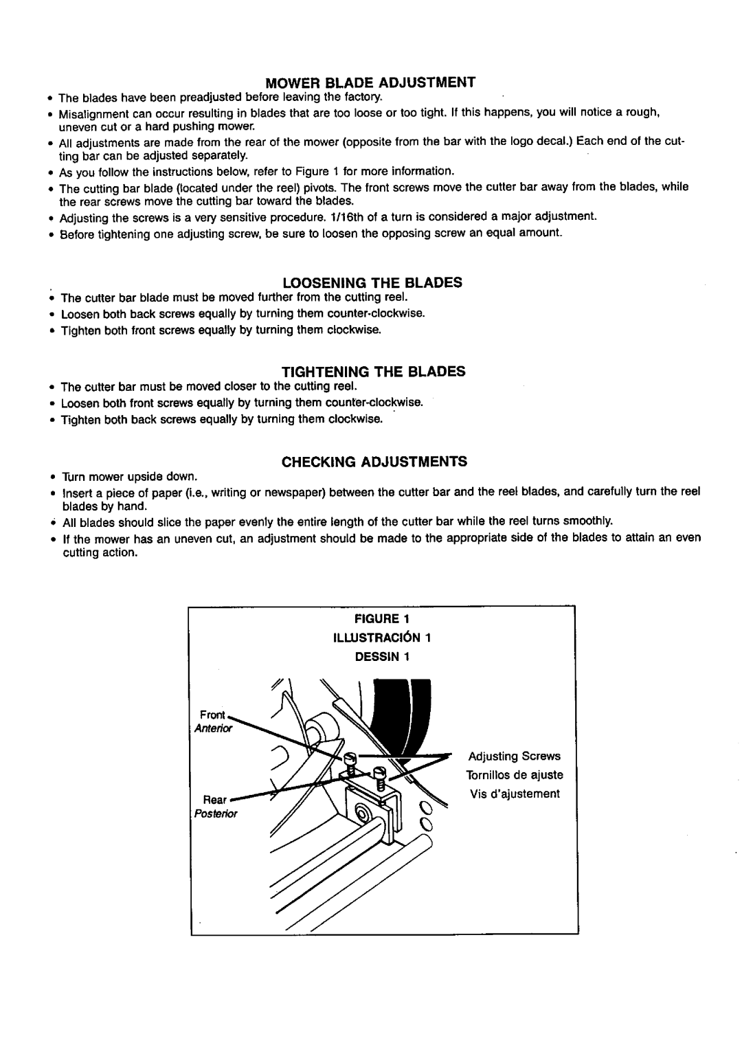 Craftsman 291.37619 owner manual Loosening the Blades, Tightening the Blades, Checking Adjustments, Illustracin Dessin 