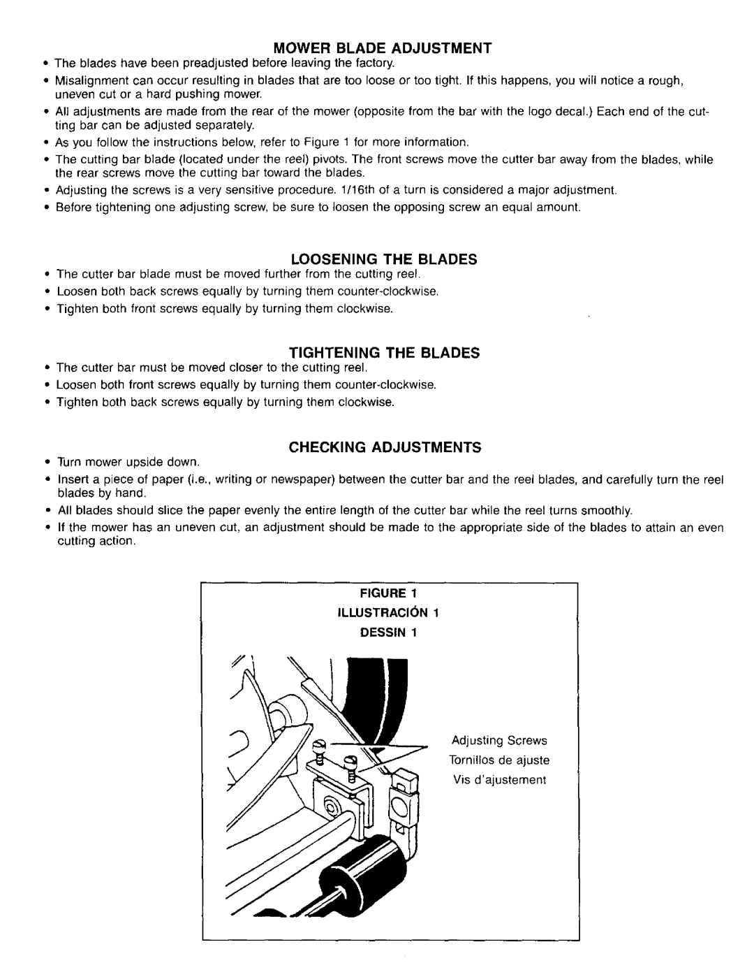 Craftsman 291.376500 owner manual Mower Blade Adjustment, Loosening the Blades, Tightening the Blades, Checking Adjustments 