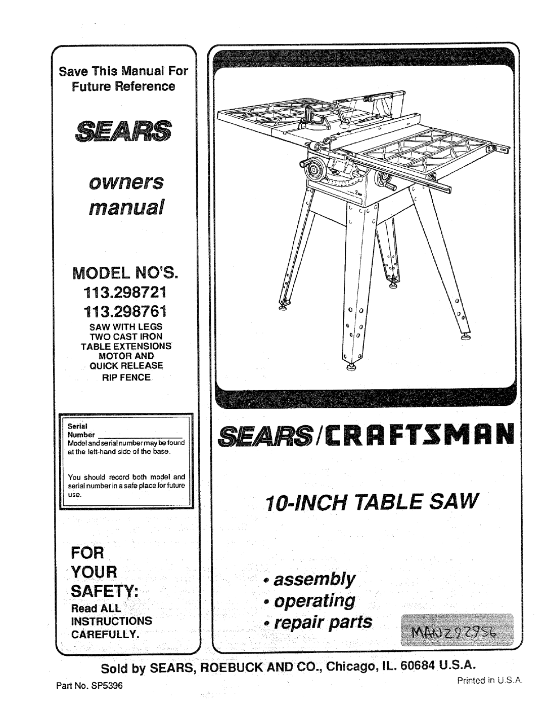 Craftsman 113.298721, 113.298761 manual Instructions Carefully, Part No. SP5396 