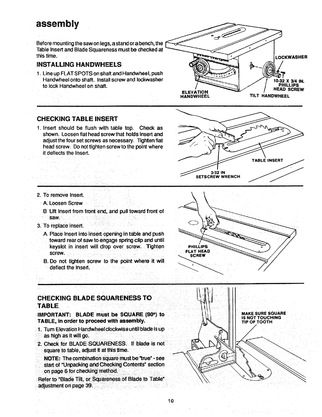 Craftsman 113.298721, 113.298761 manual Checking Table Insert, Checking Blade Squareness to, Installing Handwheels 