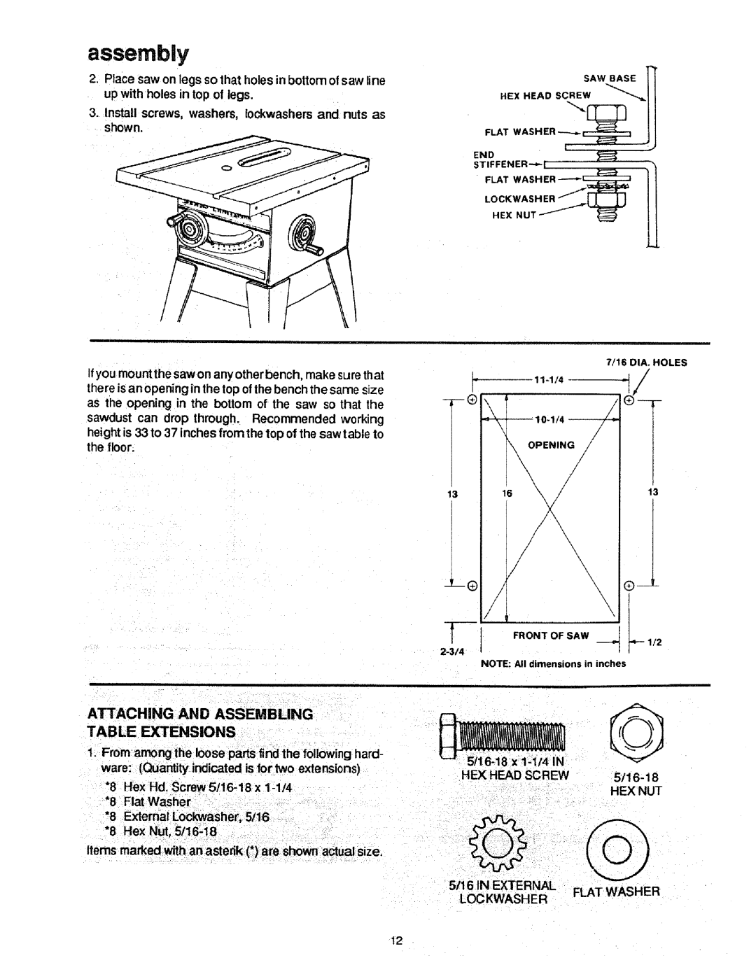 Craftsman 113.298721, 113.298761 manual Assembly, Install screws, washers, Iockwashers and nuts as shown, External 