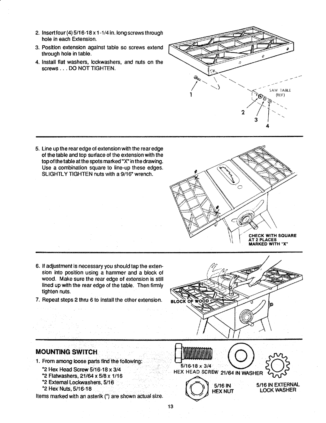 Craftsman 113.298721, 113.298761 manual Mounting Switch, 16-18 x 3/4 HEX Head Screw 2t/64 tN Washer, HEX NUT Lock Washer 