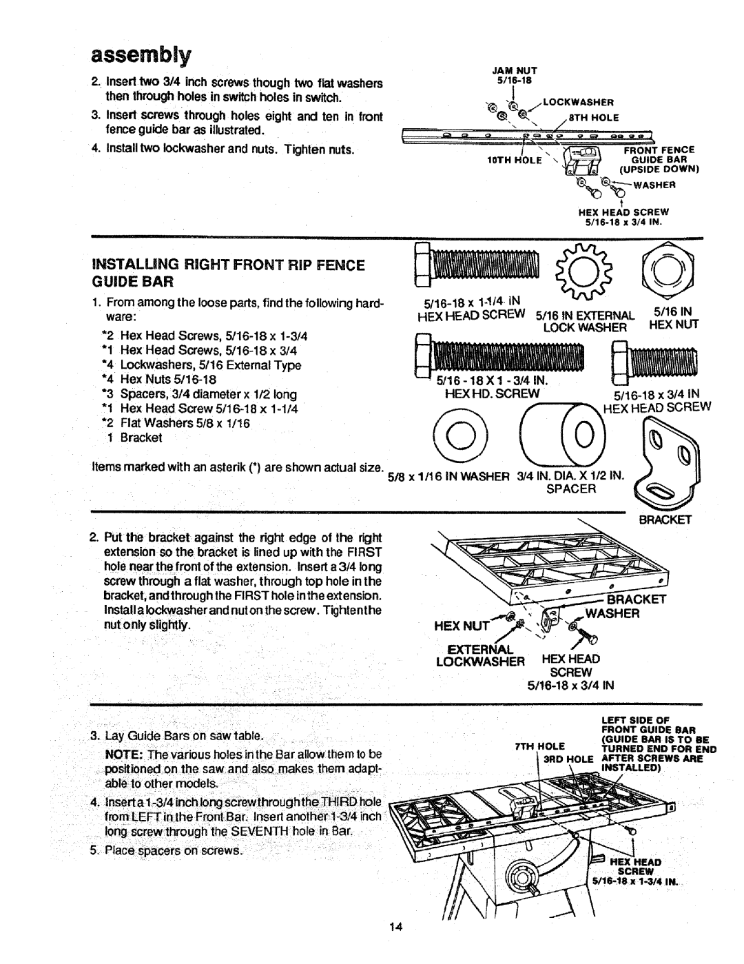 Craftsman 298721 manual Instalung Right Front RiP Fence Guide BAR, 16-18 x 3/4, HEX NU External Lockwasher HEX Head Screw 