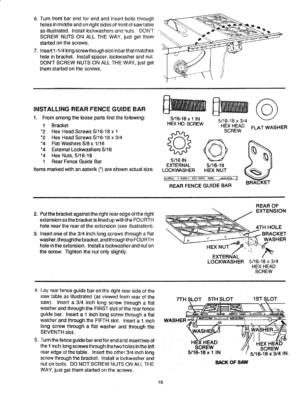 Craftsman 113.298721, 113.298761 manual Flat Washer, Rear Fence Guide BAR Bracket Extension, 16-18 x 1, Back of SAW 