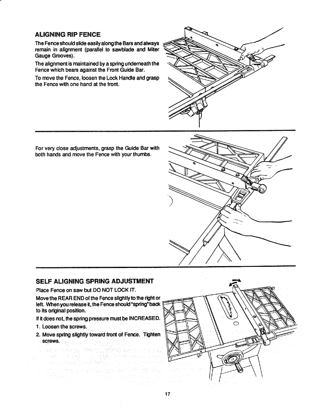 Craftsman 113.298721, 113.298761 manual Aligning RiP Fence, Self Aligning Spring Adjustment 