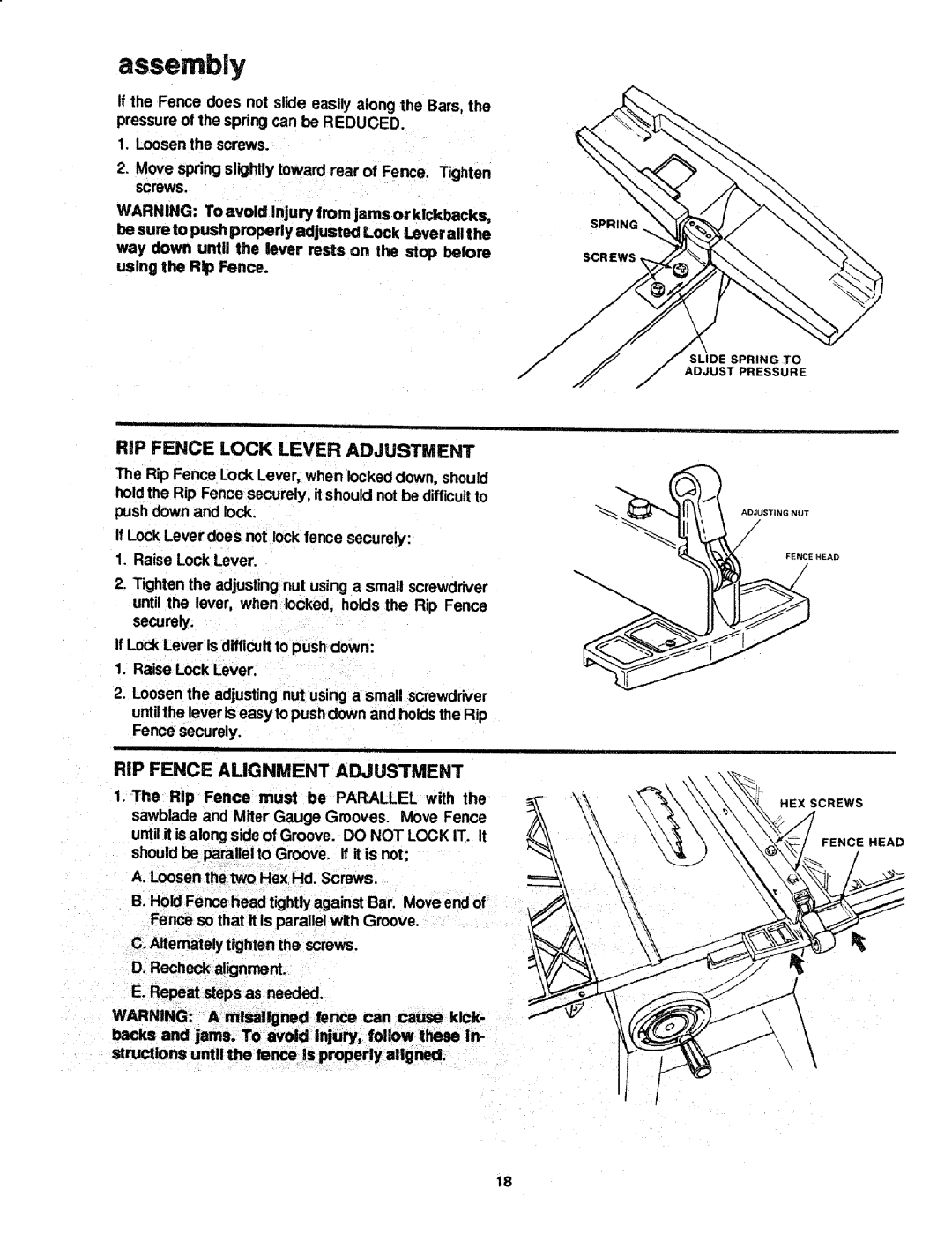 Craftsman 113.298721, 113.298761 manual Assembly, RiP Fence Alignment Adjustment 