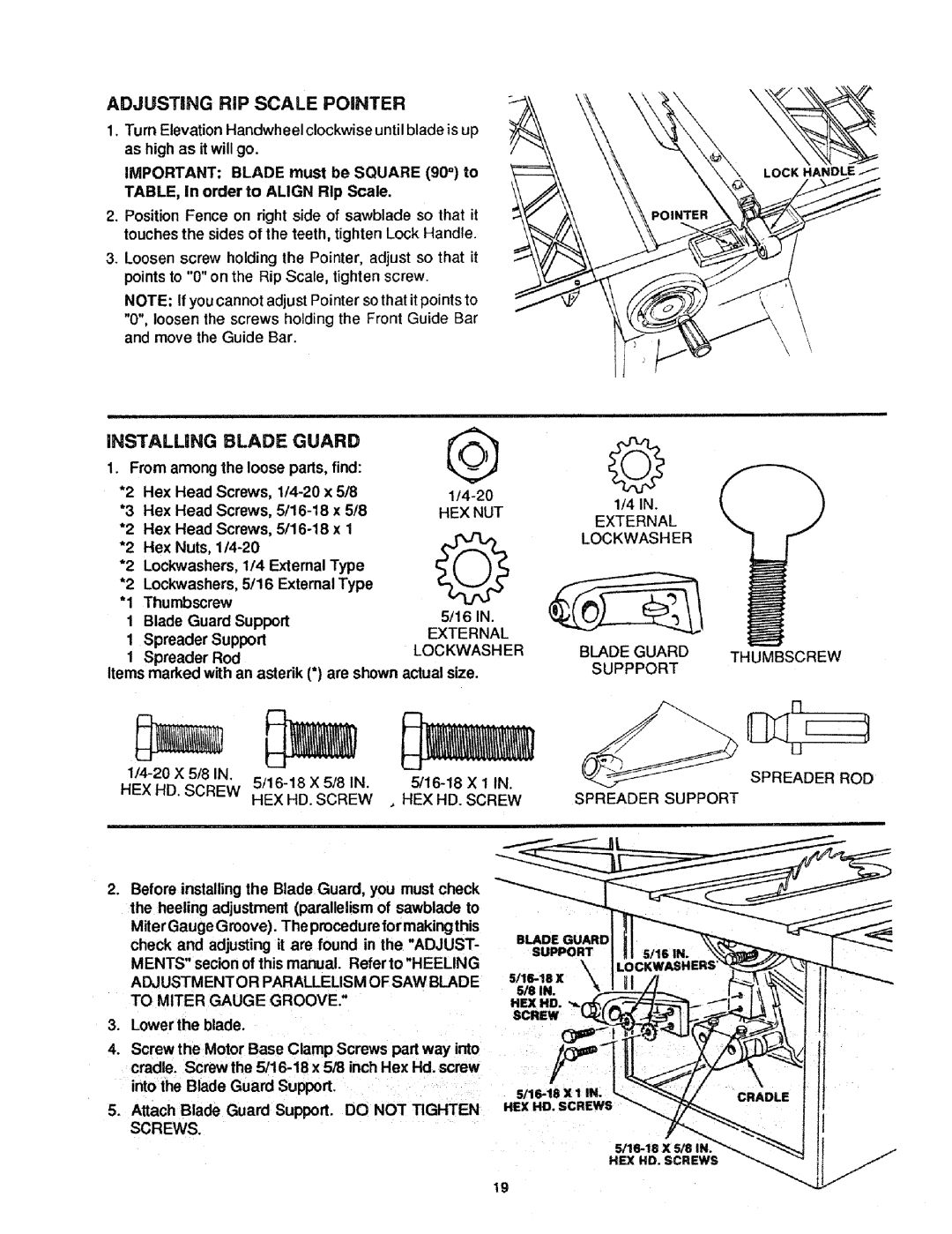 Craftsman 113.298721, 113.298761 manual Adjusting RiP Scale Pointer, Installing Blade Guard, Lockwash ER 