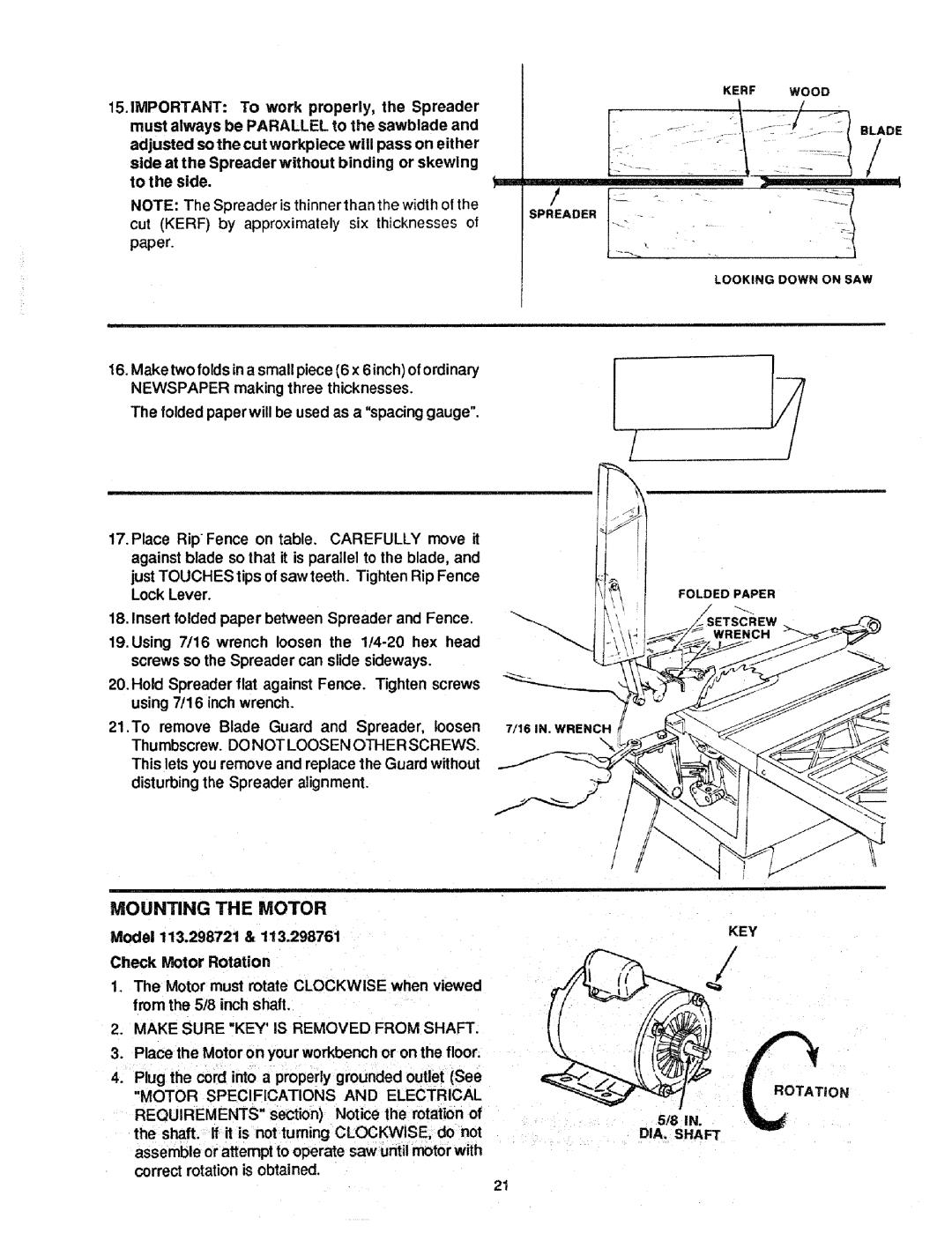 Craftsman 113.298721, 113.298761 manual Mounting the Motor, 16IN. Wrench, Make Sure Keyis Removed from Shaft, DIA, Shaft 