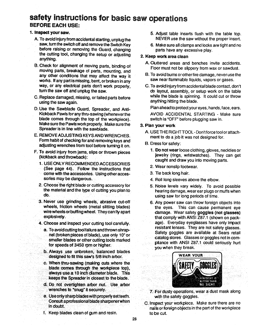 Craftsman 113.298721, 113.298761 manual Safety instructions for basic saw operations, Before Each USE 