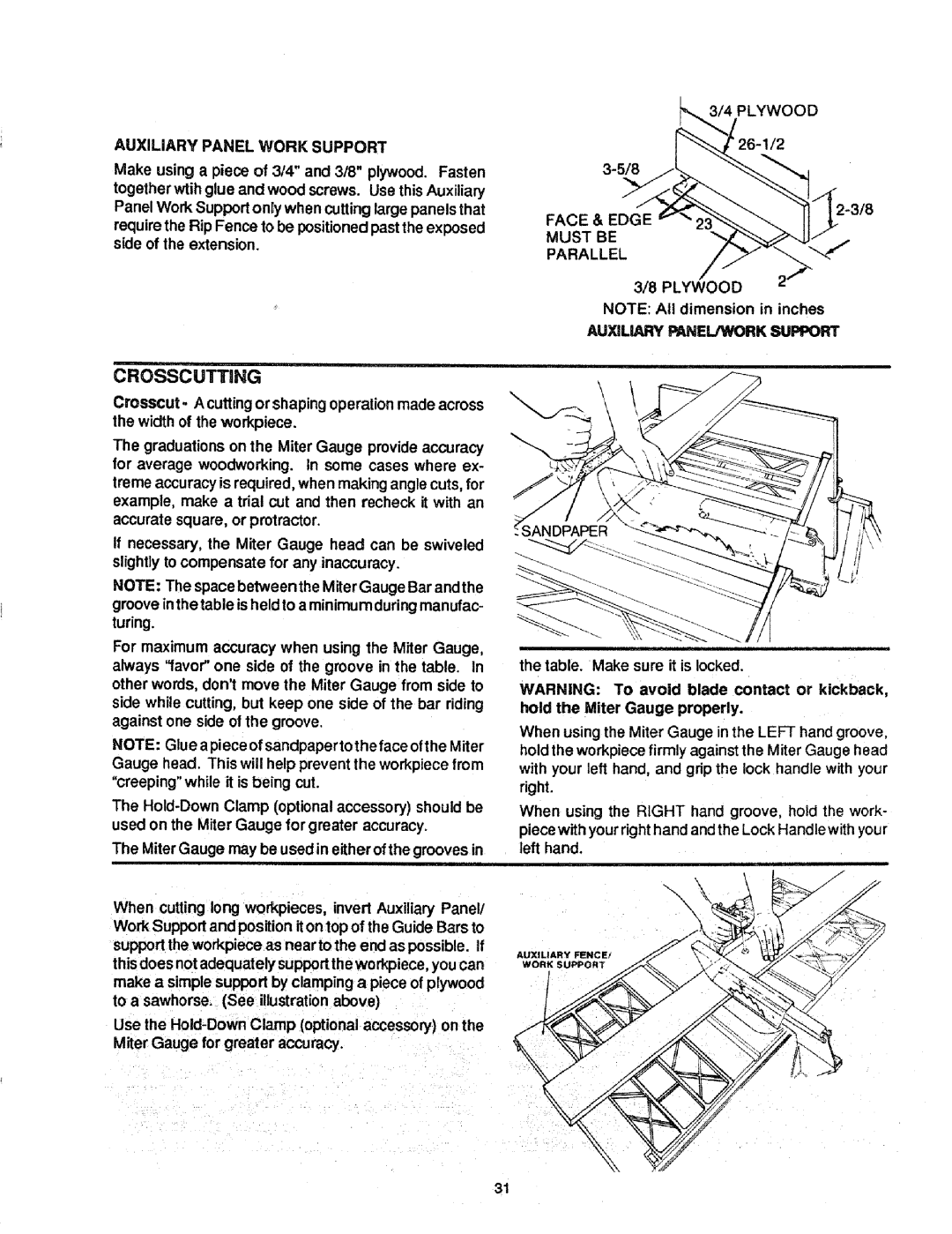 Craftsman 113.298721, 113.298761 manual Crosscutting, Auxiliary Panel Work Support, Ywood 