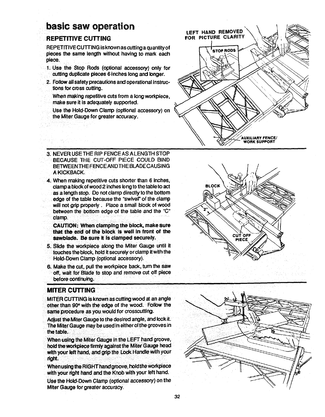 Craftsman 298721 Basic saw operation, Repetitive Cutting, Miter curiING, Right, Left Hand Removed \ for Picture Clarity 