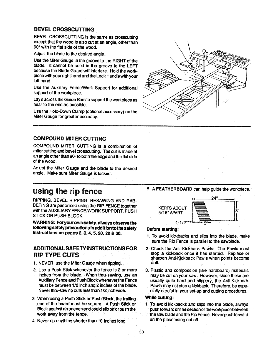 Craftsman 113.298721, 113.298761 manual Using the rip fence, Bevel Crosscutting, Compound Miter Cutting 