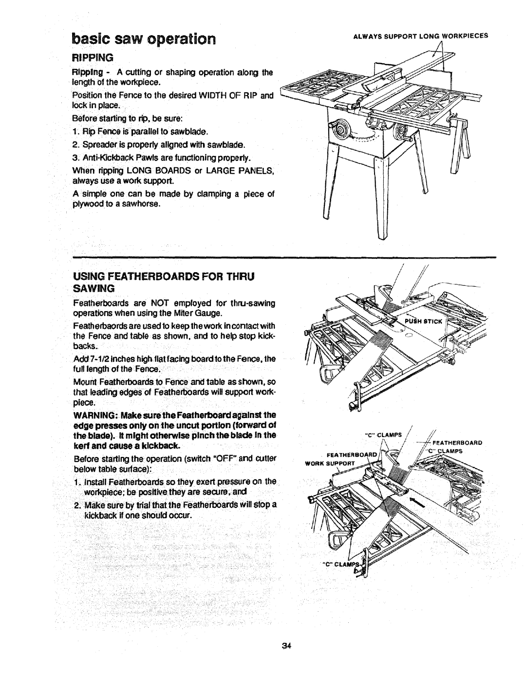 Craftsman 113.298721, 113.298761 manual Ripping, Using Featherboards for Thru Sawing 