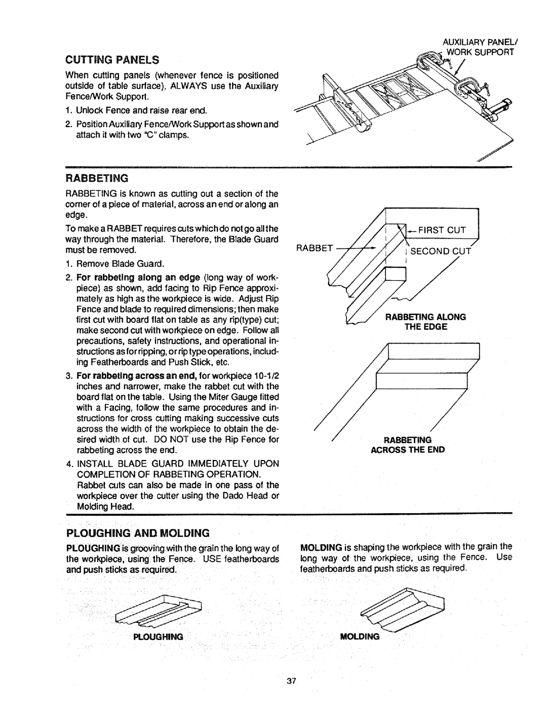 Craftsman 113.298721, 113.298761 manual Cutting Panels, Rabbeting 