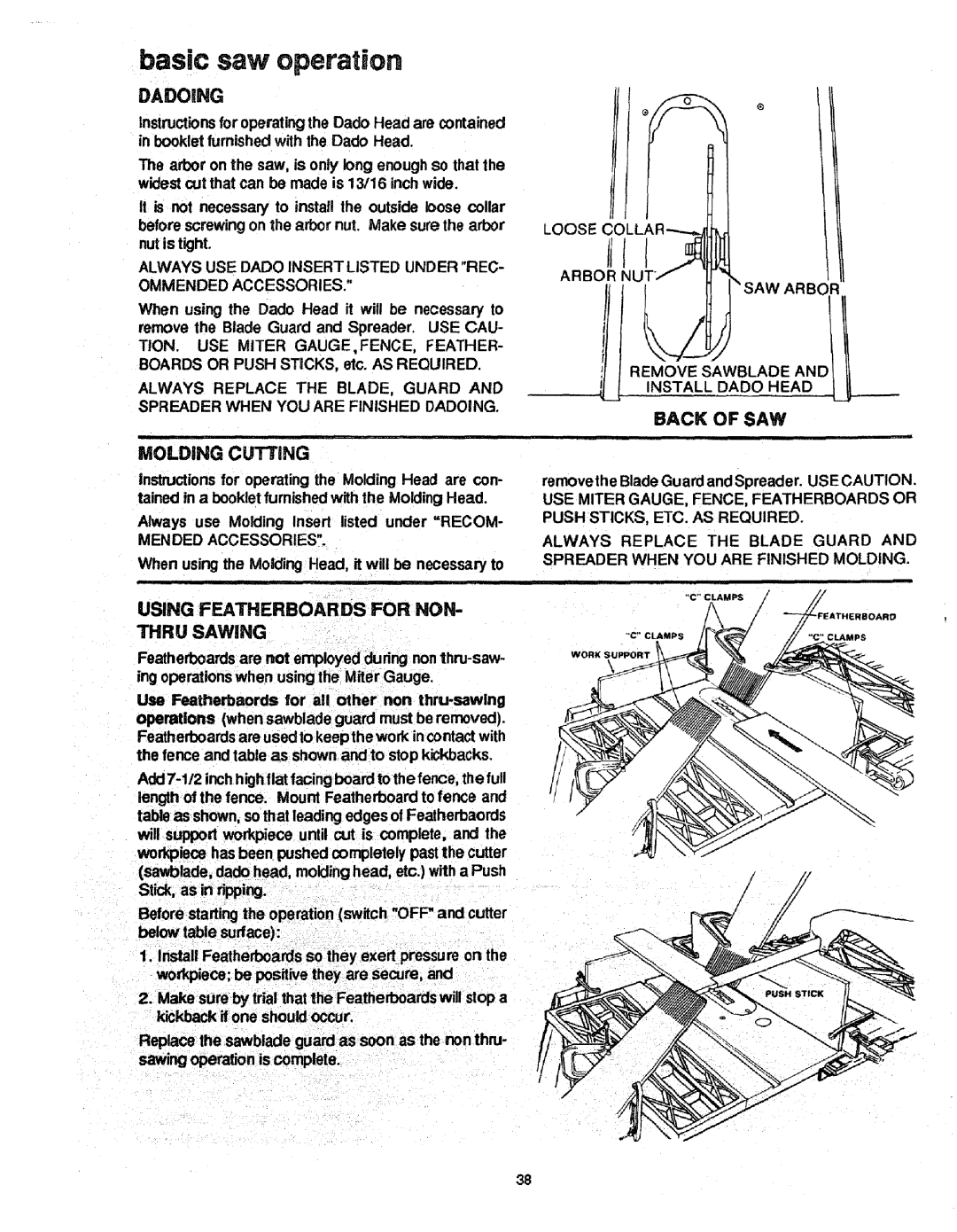 Craftsman 113.298721, 113.298761 manual Molding Cutting, Using Featherboards for NON Thru Sawing, Back of SAW 