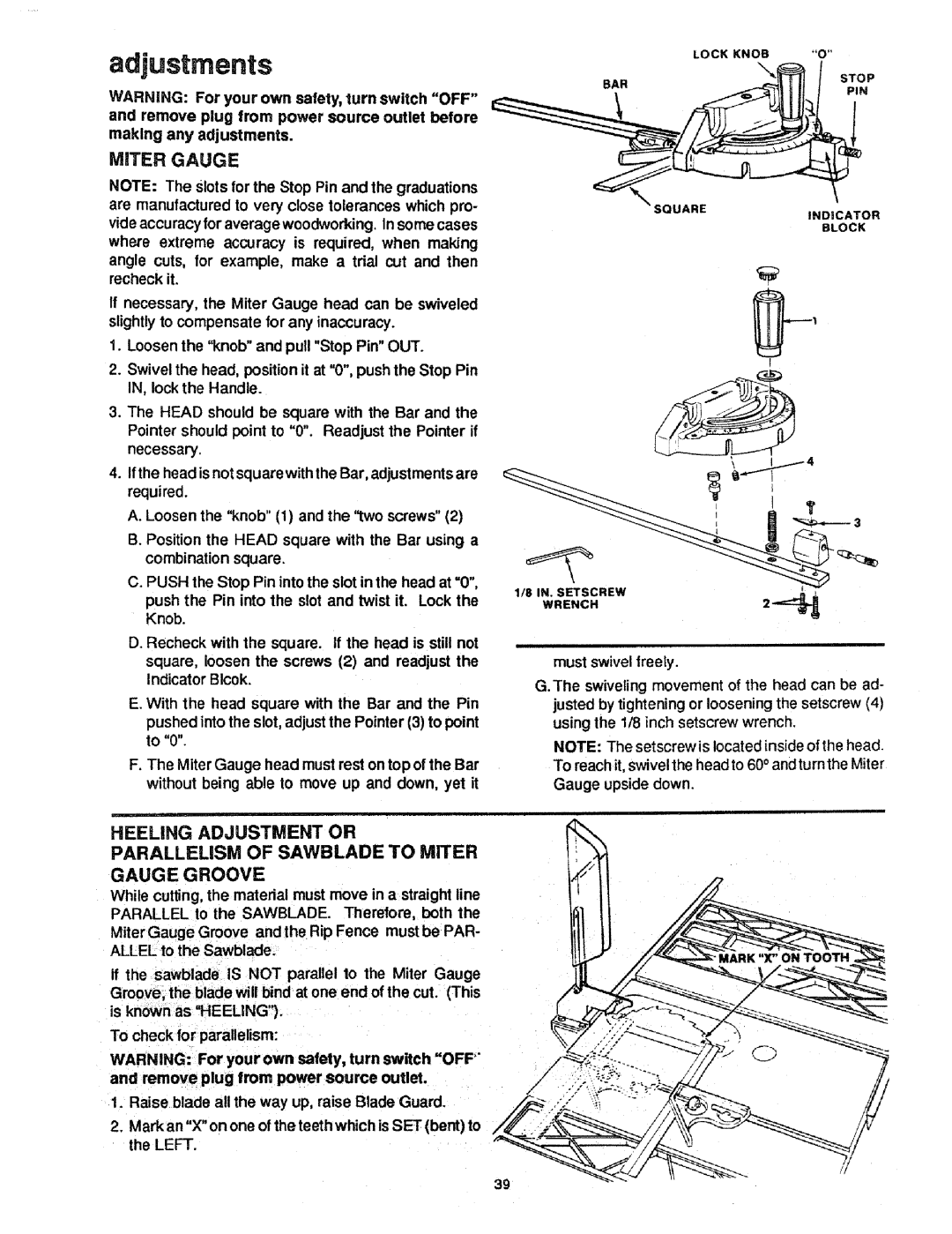 Craftsman 113.298721, 113.298761 manual Adjustments, Miter Gauge 