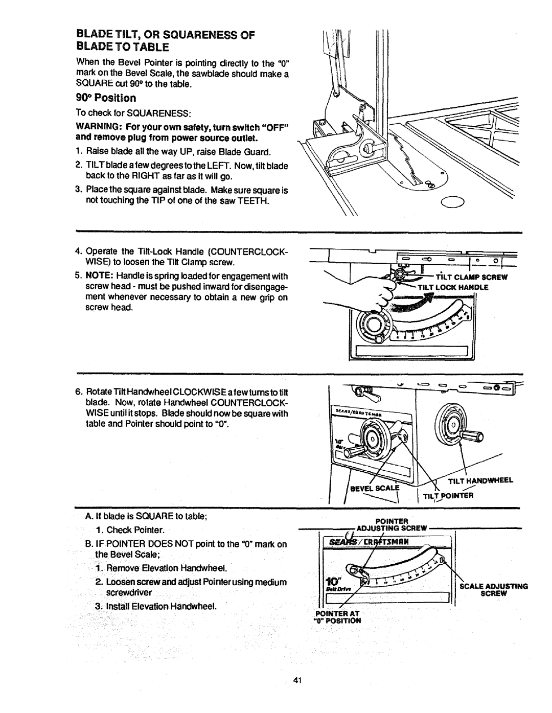 Craftsman 113.298721, 113.298761 manual Position, Blade TILT, or Squareness of Blade to Table 