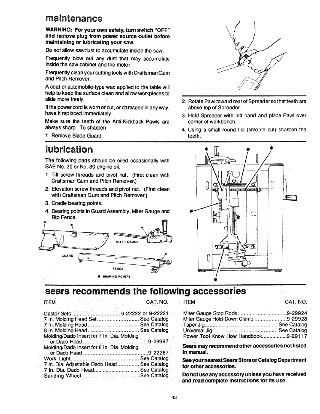 Craftsman 113.298721, 113.298761 manual Maintenance, Sears recommends the following accessories 