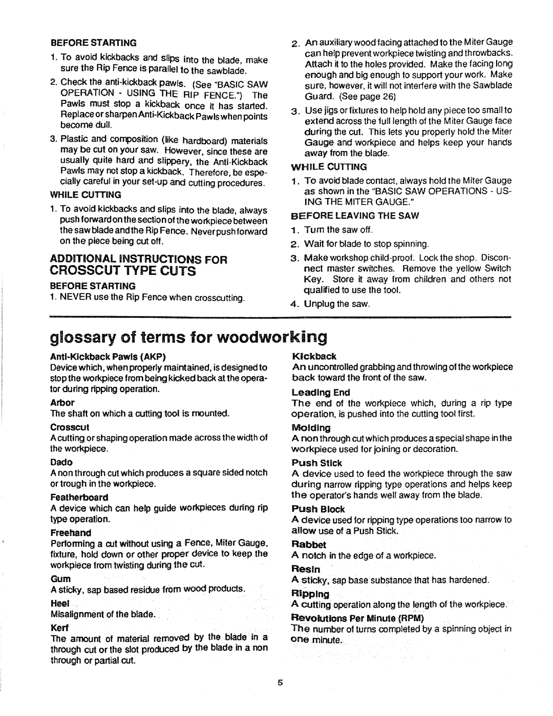 Craftsman 113.298721, 113.298761 Additional iNSTRUCTIONS for, Before Starting, Before Leaving the SAW, Turn the saw off 