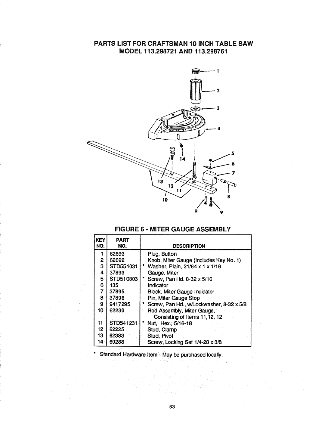 Craftsman 113.298721, 113.298761 manual Parts List for Craftsman 10 Inch Table SAW, Model !13.298721 