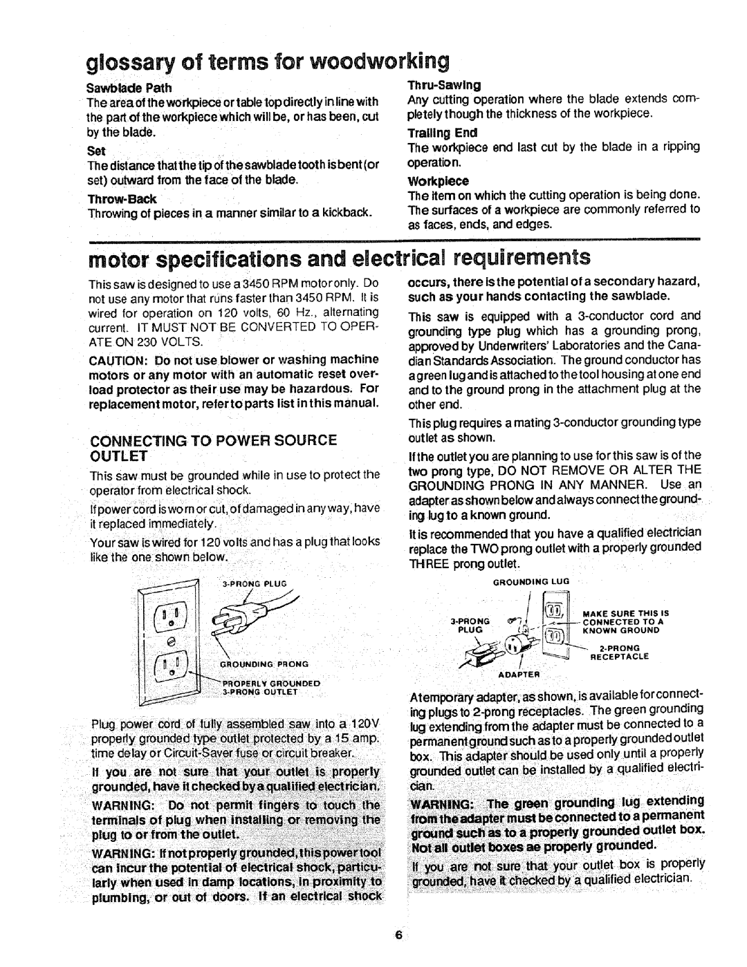 Craftsman 298721 manual Glossary of terms for woodworking, Motor specifications and electrical requirements 