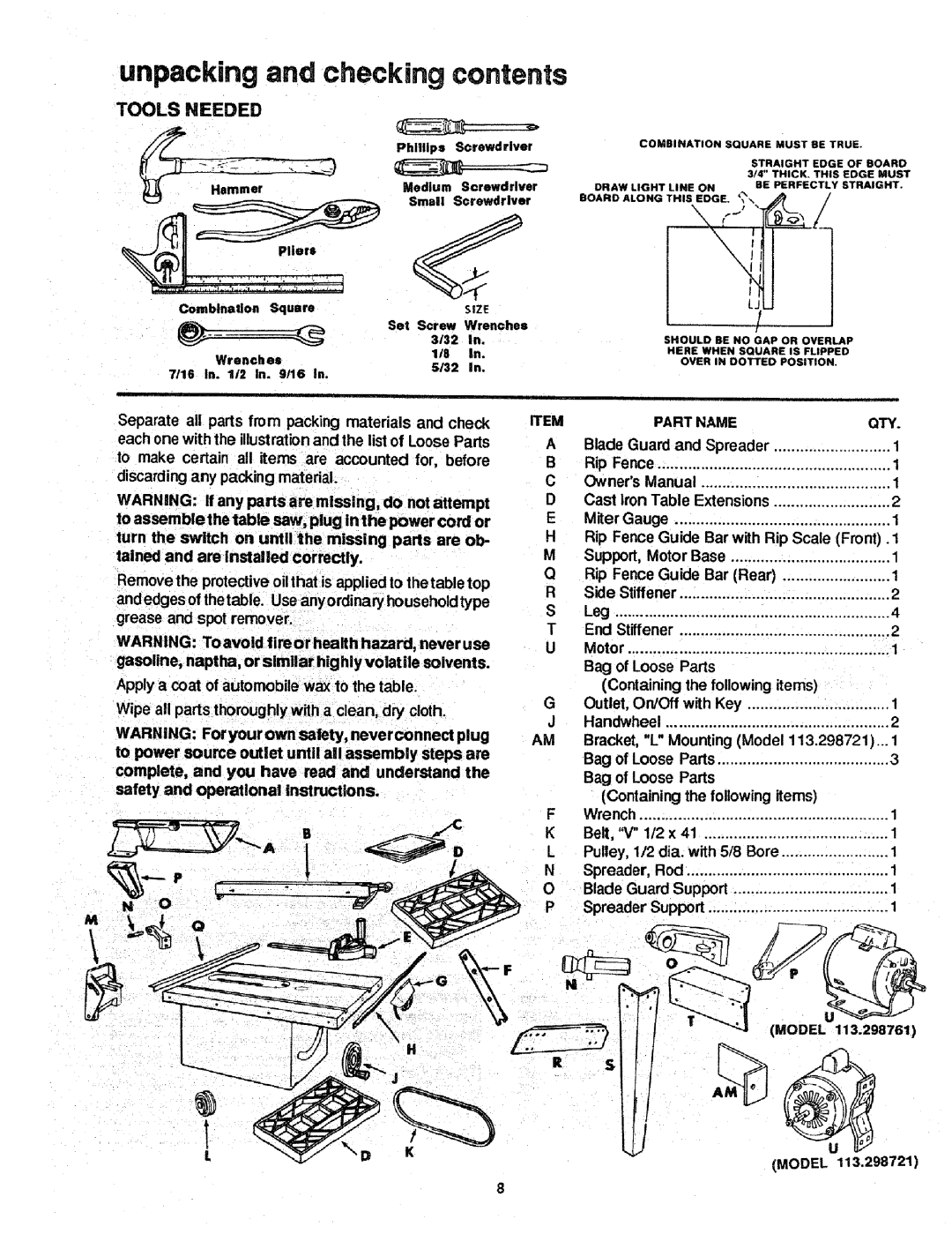 Craftsman 113.298721, 113.298761 manual Unpacking and checking contents 