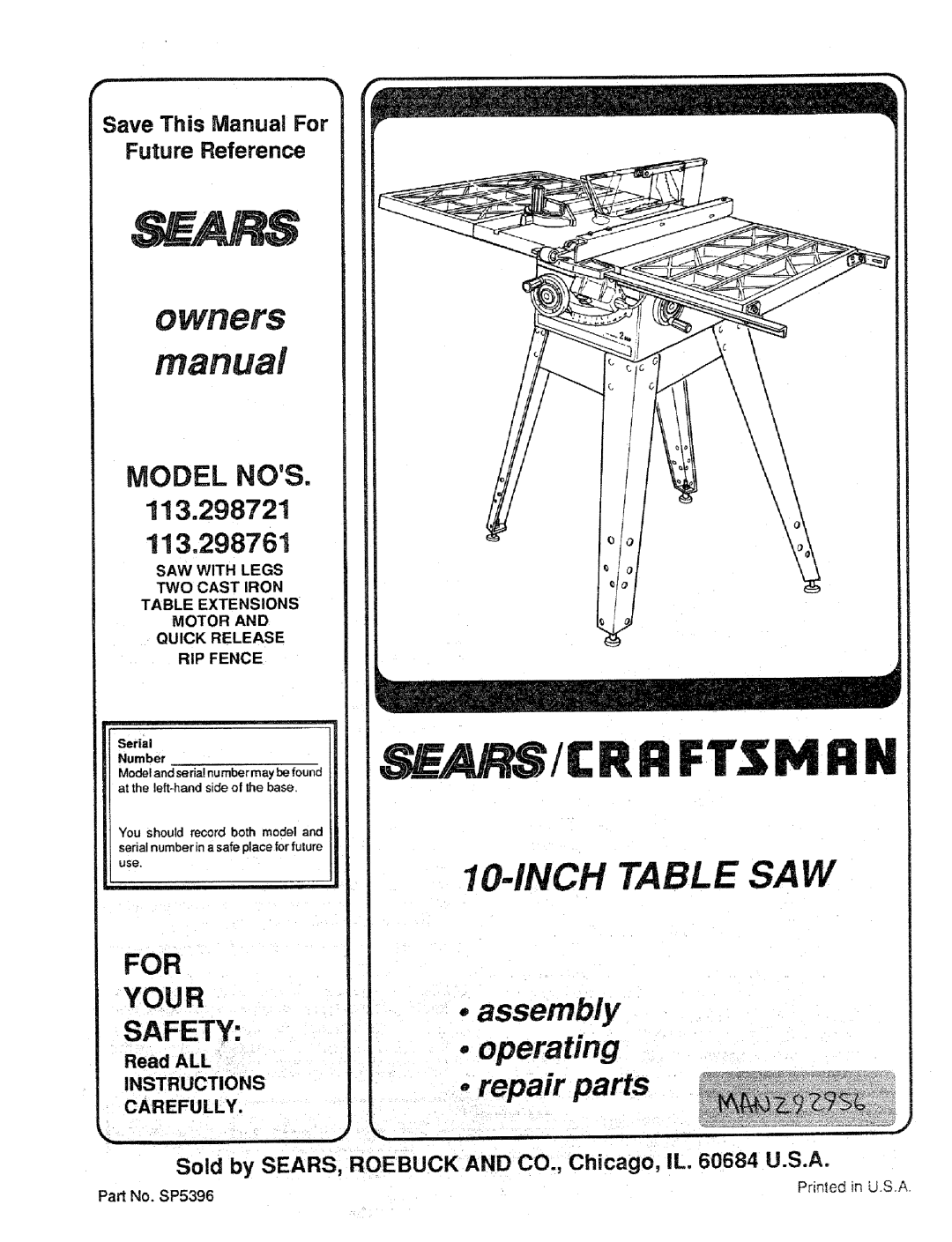 Craftsman 113.298721, 113.298761 manual OWBeTS, Model Nos, 113,298721 113.298761, Your, Read ALL, Instructions Carefully 
