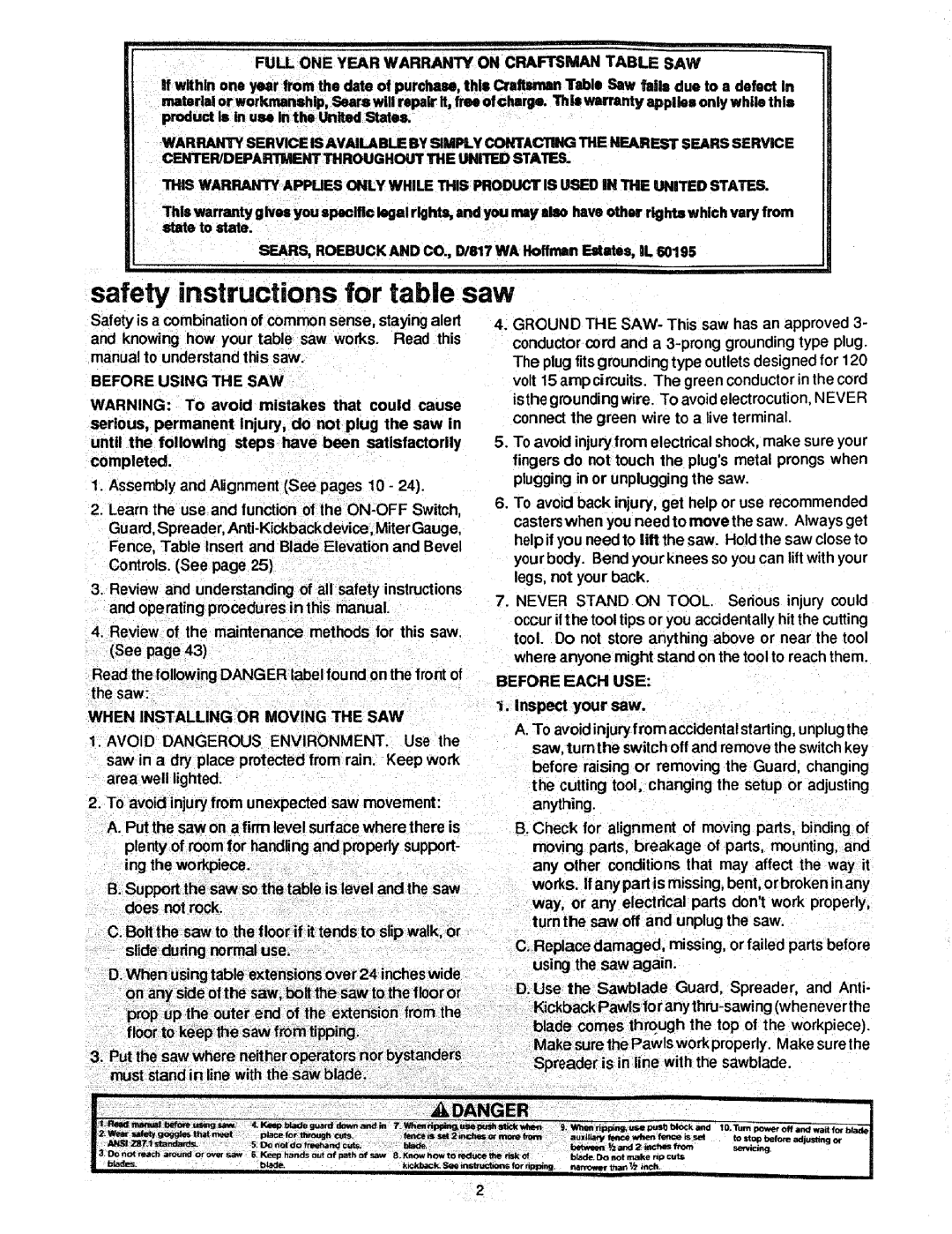 Craftsman 113.298721, 113.298761 manual safety instructions for table saw 