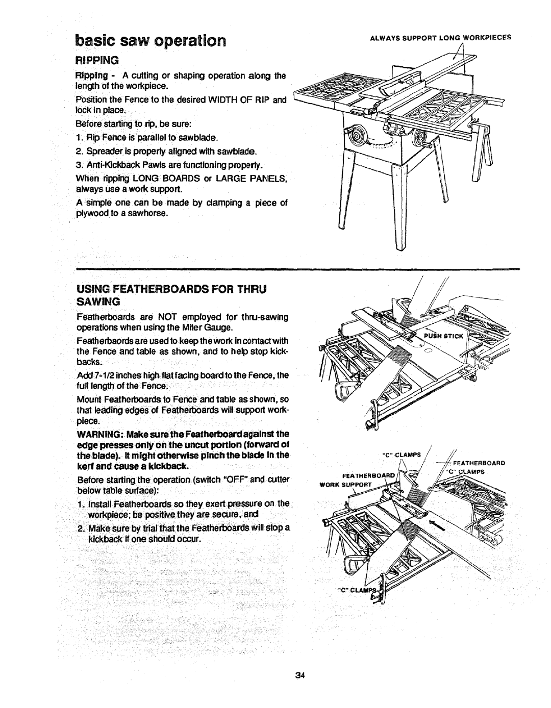 Craftsman 113.298721, 113.298761 manual Ripping, Using Featherboards For Thru Sawing, basic saw operation 