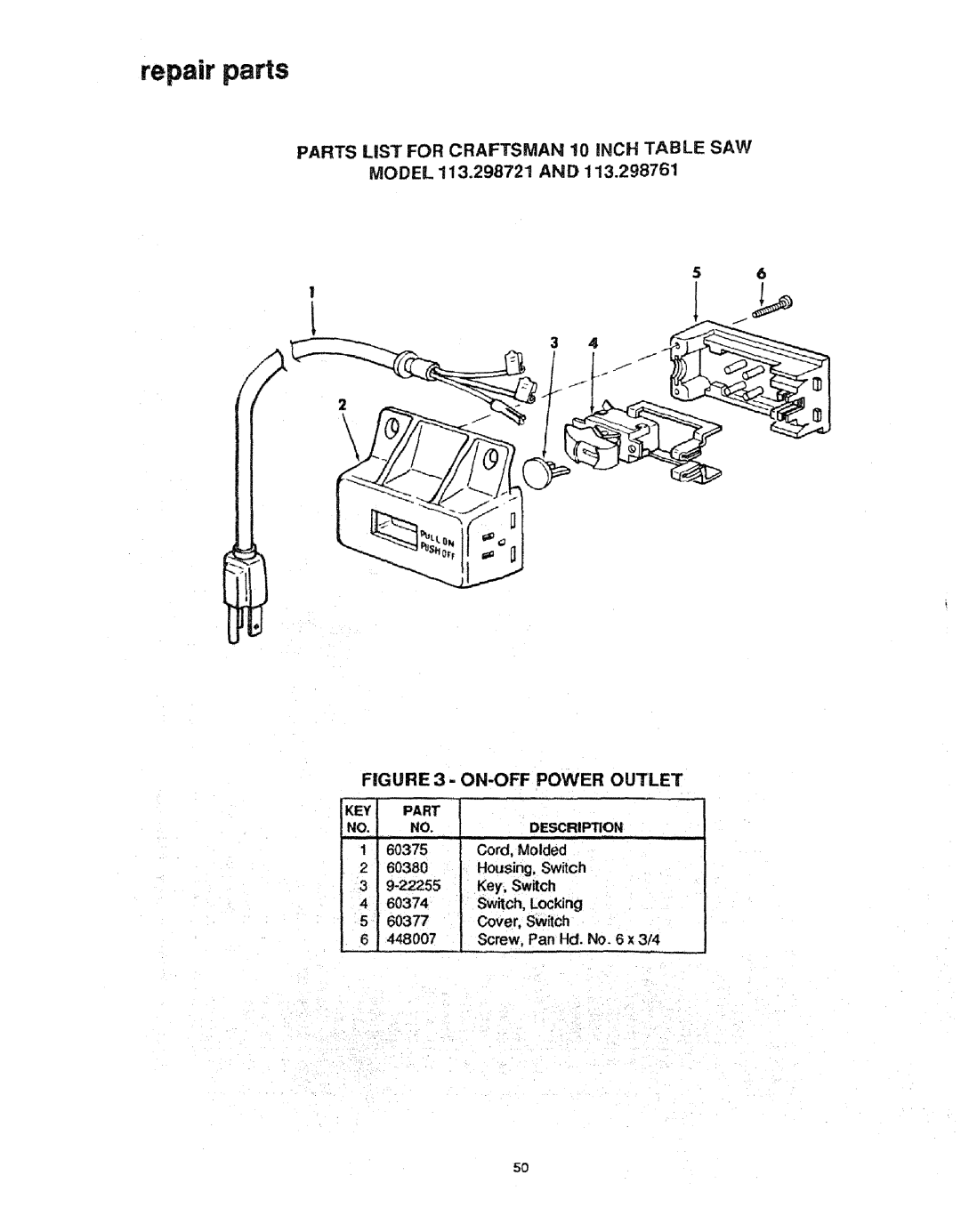 Craftsman manual PARTS LiST FOR CRAFTSMAN 10 INCH TABLE SAW MODEL 113.298721 AND, On-Off Power Outlet, repair parts 