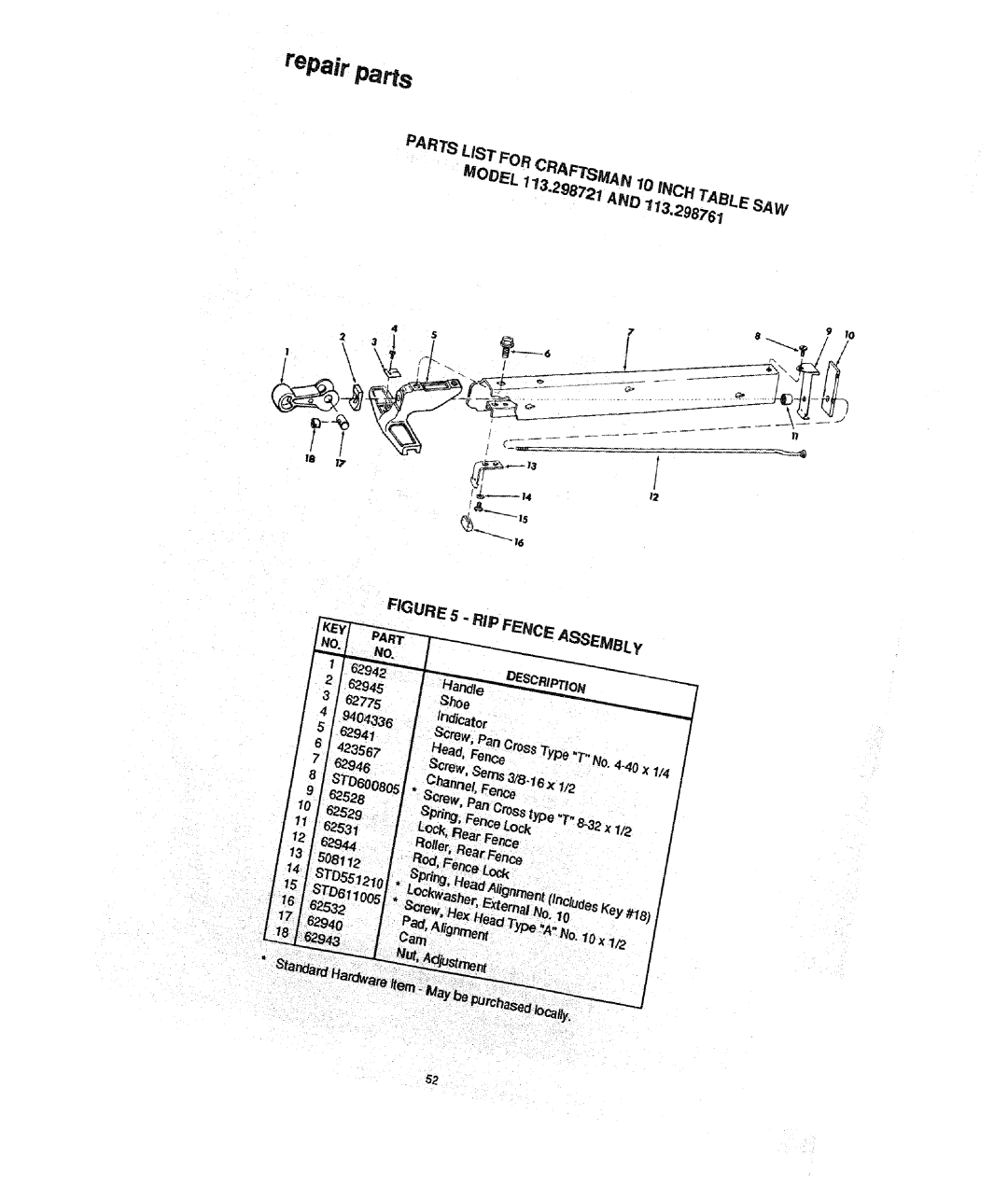 Craftsman 298721 manual repair Parts, MODEL 173.2S872AND l,.2987S, PARTs LIST FOR CRAFTSMAN 10 iNCH TABLE. SAW, x 1/2 