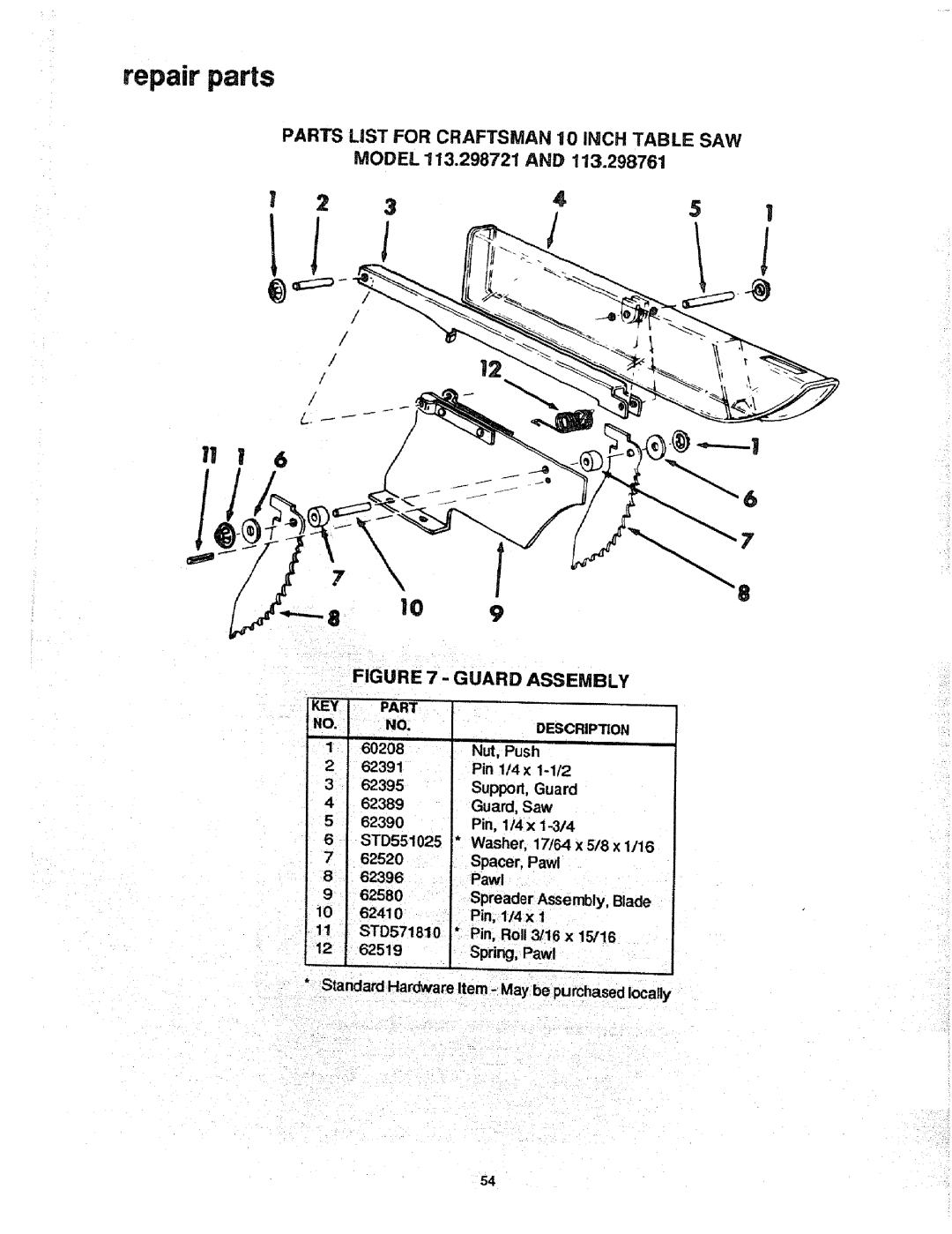 Craftsman manual Guard Assembly, repair parts, PARTS LiST FOR CRAFTSMAN 10 INCH TABLE SAW MODEL 113.298721 AND, Part 