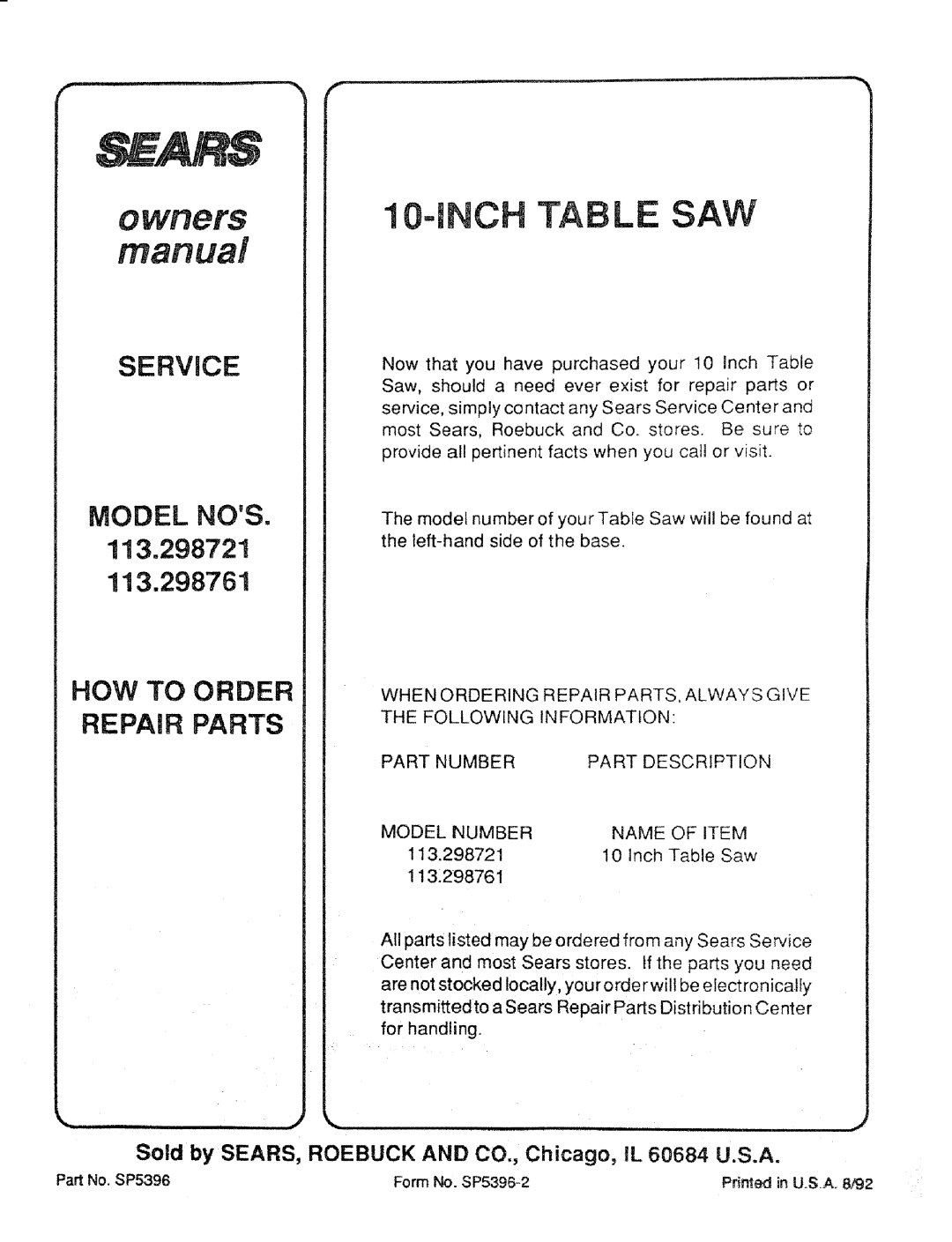 Craftsman 113.298721, 113.298761 How To Order Repair Parts, Service, 113.298721 113.298761, iNCH TABLE SAW, Model Nos 