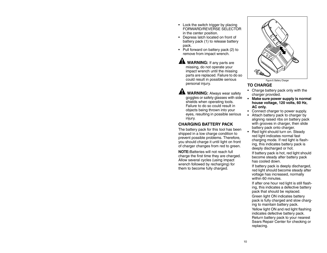 Craftsman 310.26825 owner manual Charging Battery Pack, To Charge 