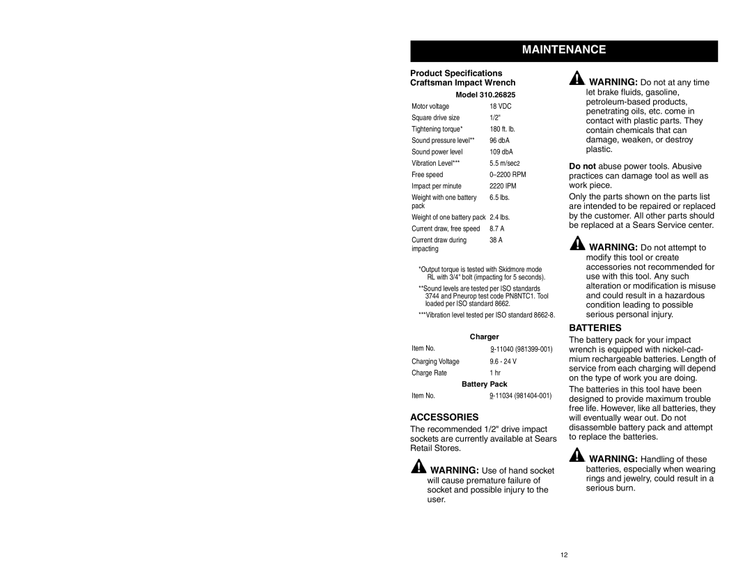 Craftsman 310.26825 owner manual Maintenance, Accessories, Batteries 