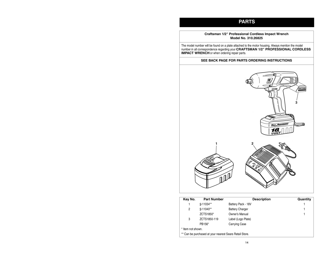 Craftsman 310.26825 owner manual Parts, Craftsman 1/2 Professional Cordless Impact Wrench Model No, Part Number Description 