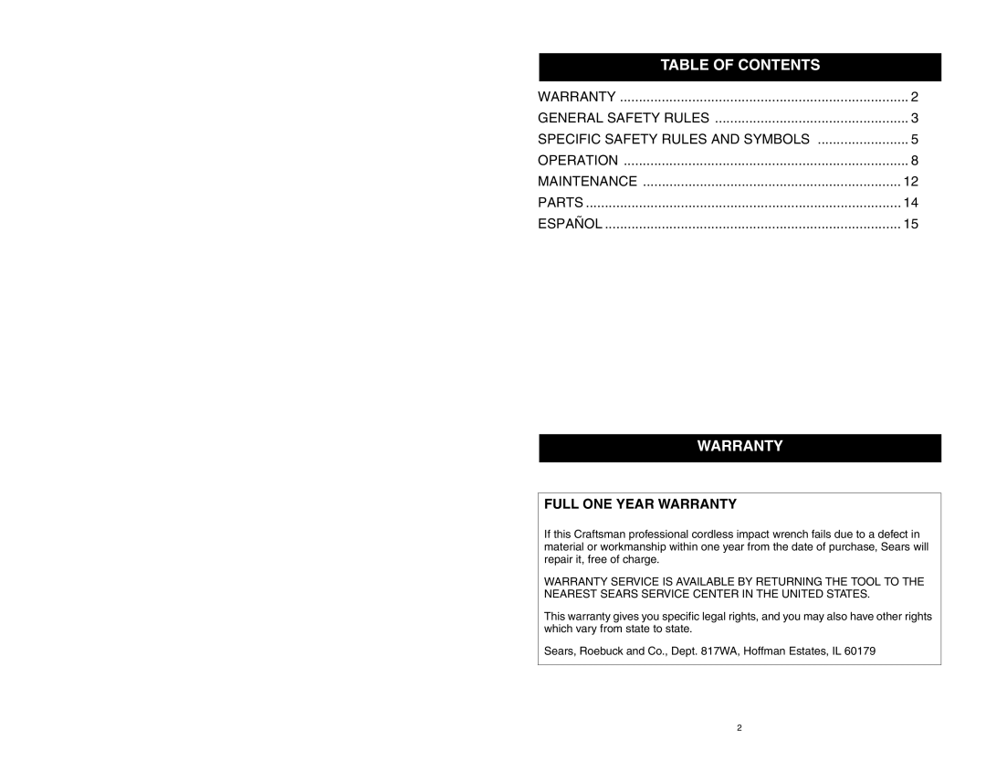 Craftsman 310.26825 owner manual Table of Contents, Warranty 